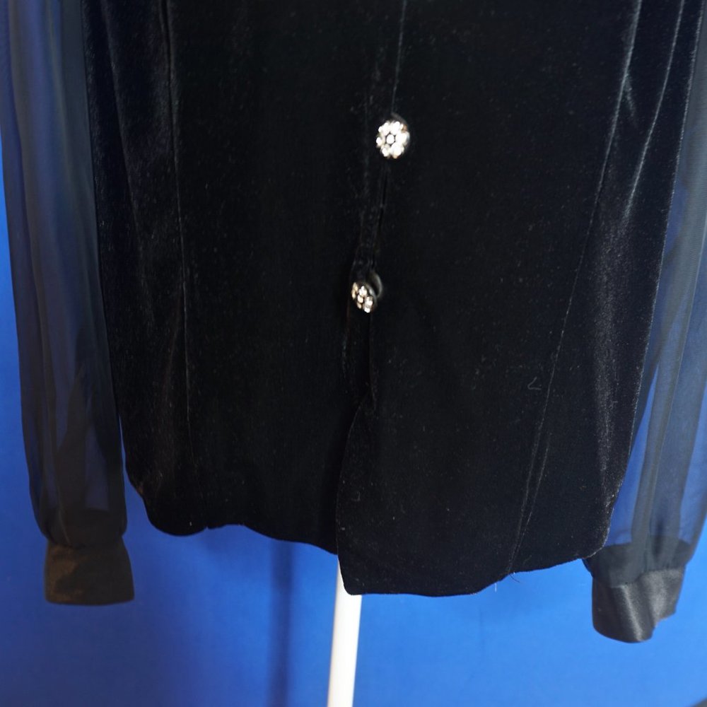 💜 DRESS BARN Black Velvet Sheer Sleeves Faux Diamond Button Jacket/Top (XL) - Picture 7 of 10